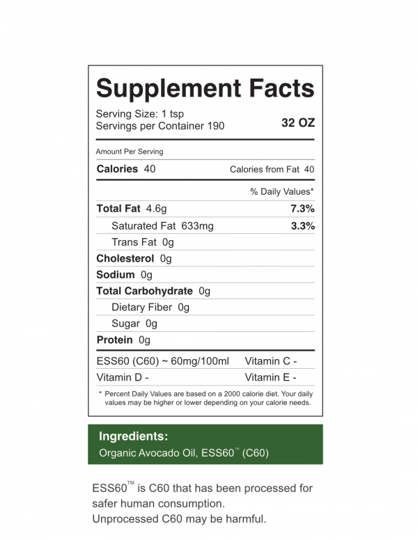 C60 Evo 32 oz Avocado Oil Supplement Facts