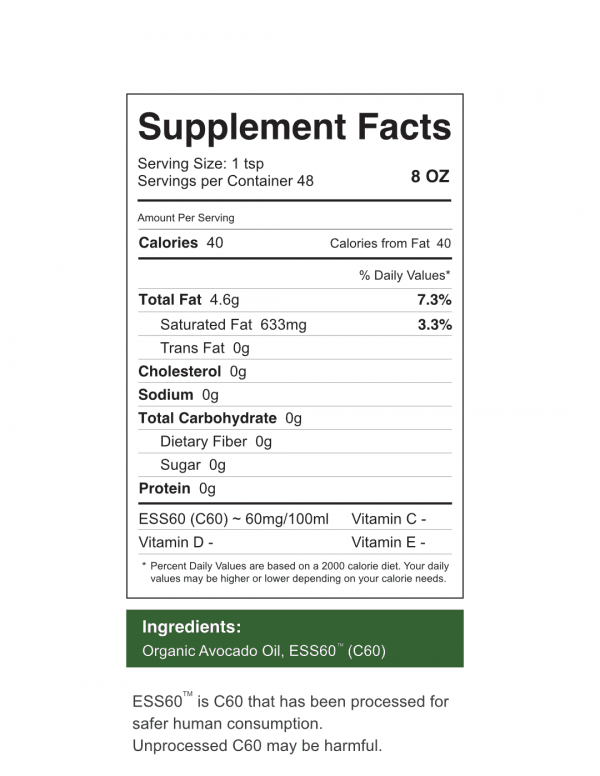C60 Evo 8 oz Avocado Oil Supplement Facts